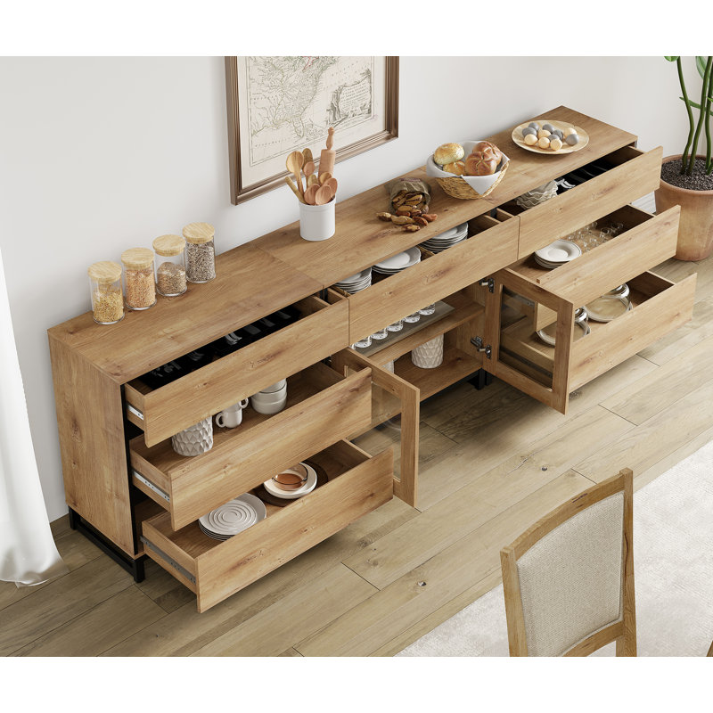 Buffet 3 en 1 avec portes en verre et 7 tiroirs, crédence moderne avec tablette réglable et base en métal, armoire à café pour le salon, la cuisine