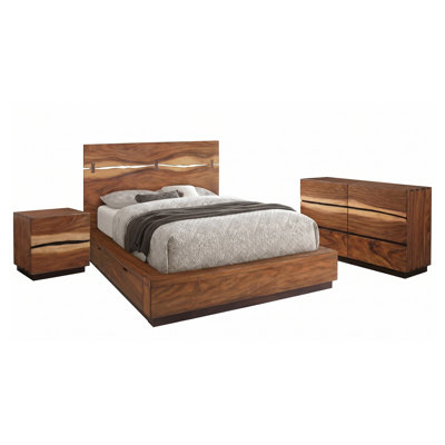Ensemble de chambre à coucher 3 pièces Ashcombe en noyer fumé, format King, comprenant un lit plateforme de rangement, une commode et une table de chevet.