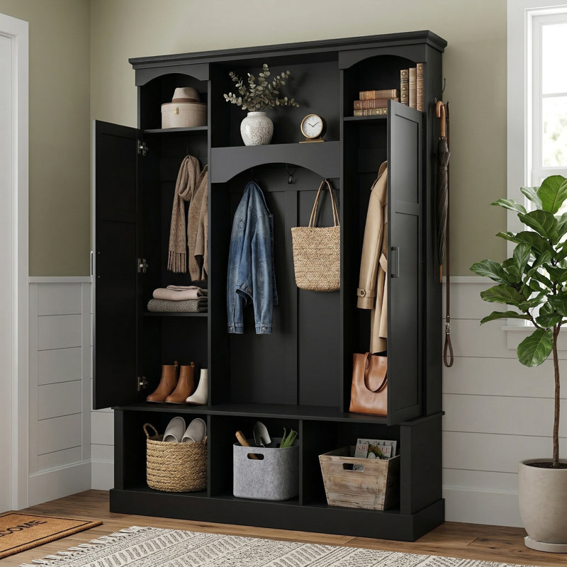 Modern All-In-One Hall Tree With Wardrobe, Farmhouse Entryway Storage Bench With 7 Hooks For Mudroom, Black