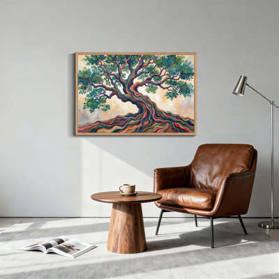 Art mural sur toile multicolore, tronc d'arbre ondulé et feuilles vertes