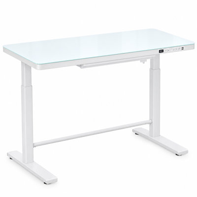 Rise Up Glass Electric Standing Desk with Drawer, USB and AC Outlets 