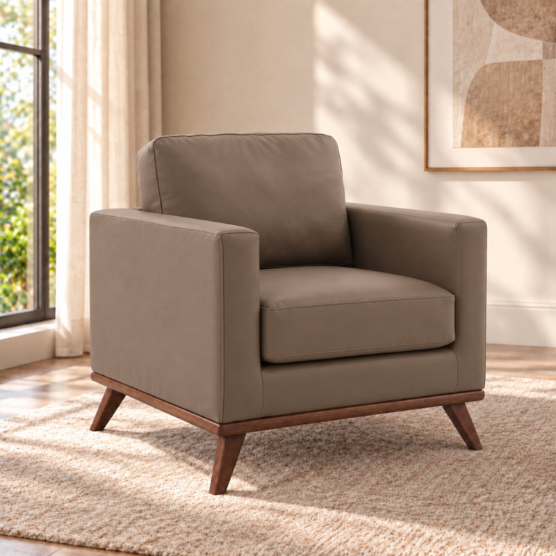 Khadeshia Mid-Century Modern Leather Accent Chair, Solid Birch Wood Armchair with Dual-Spring Cushions & 300 lb Capacity