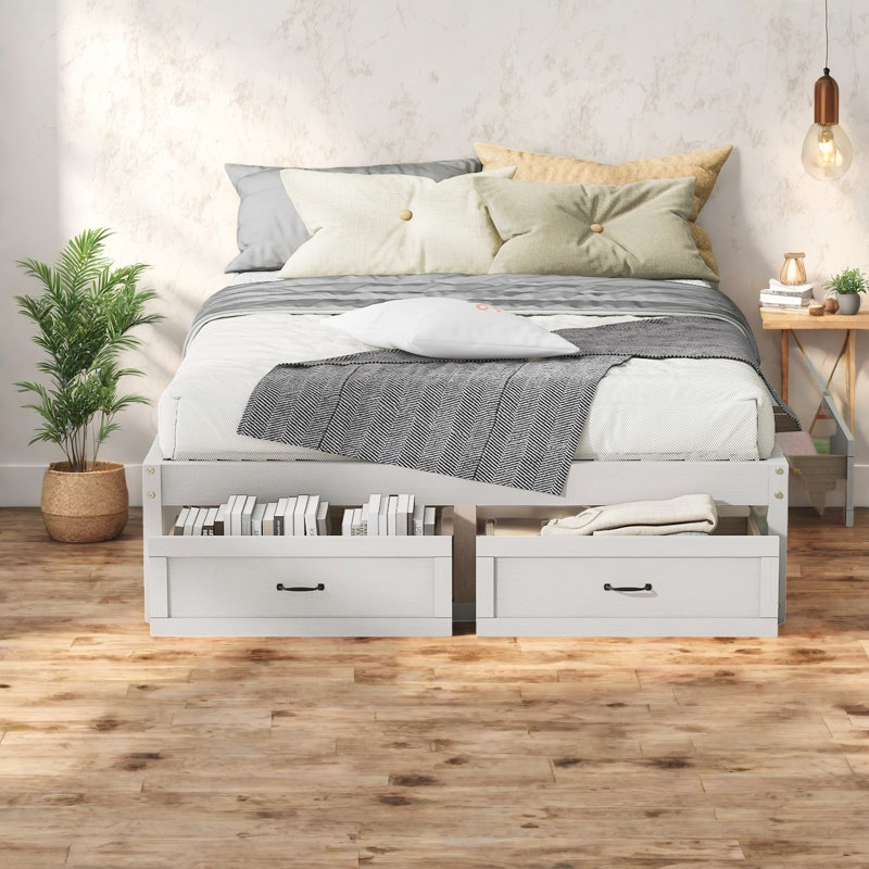 Grands lits plateforme avec rangement spacieux, blanc antique, design moderne