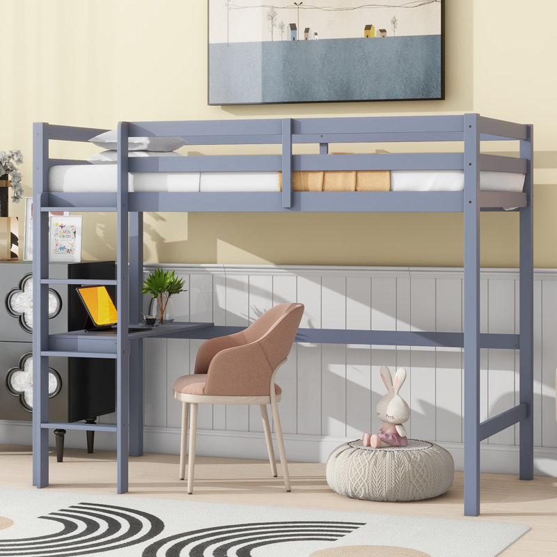 Lit mezzanine simple Ayce avec bureau et garde-corps, bois d'hévéa Ayce