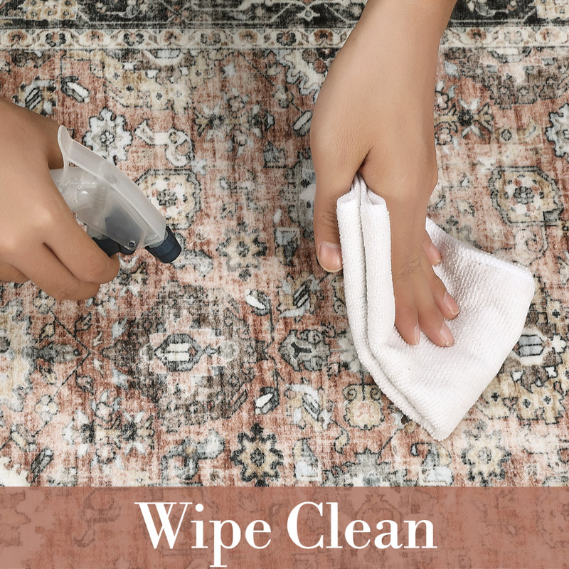 Washable Vintage Area Rug for Living Room, Bedroom, or Office - Distressed Floral Carpet, Non-Slip, Mark Resistant, Low Pile, Soft Printed Mat - Available in Black Grey, Pink, Grey Taupe, 5x7 & 8x10 Sizes