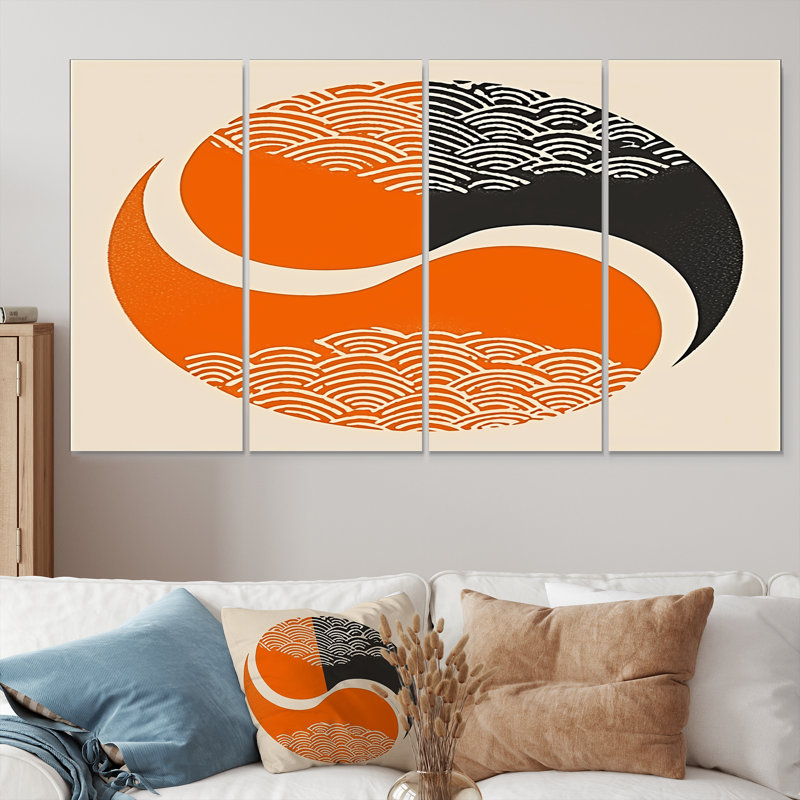 «Retro Orange Circle Waves Yin Yang», art mural géométrique sur toile, 4 pièces, H 28 po x l 48 po