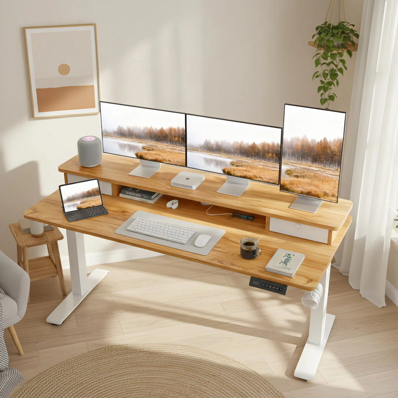 Height Adjustable Standing Desk, Light Rustic/White, 47.24" H x 60" W x 23.63" D