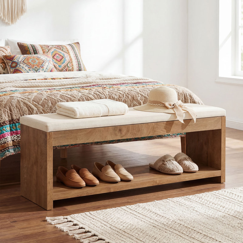 Banc de bout de lit avec coussin pour chambre à coucher, banc de rangement en bois avec étagère à chaussures de rangement 55,1 pouces