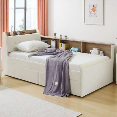 Twin Size Upholstered Velvet Daybed with Storage Headboard, Wireless Charging, LED Lights & 2 Drawers, Multi-Functional Sofa Bed for Bedroom, Guest Room