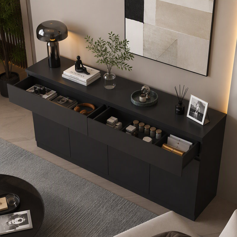 Buffet avec rangement, grande armoire de cuisine avec 2 tiroirs et 4 portes, Noir