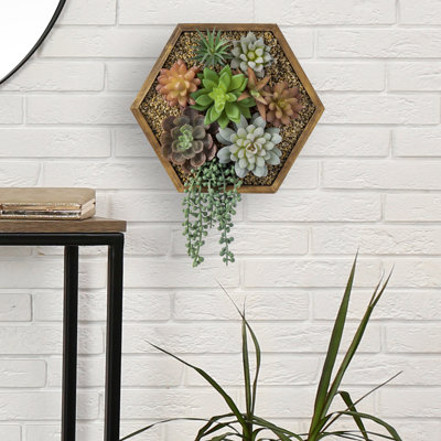 11.41'' Faux Succulent in Solid Wood Planter