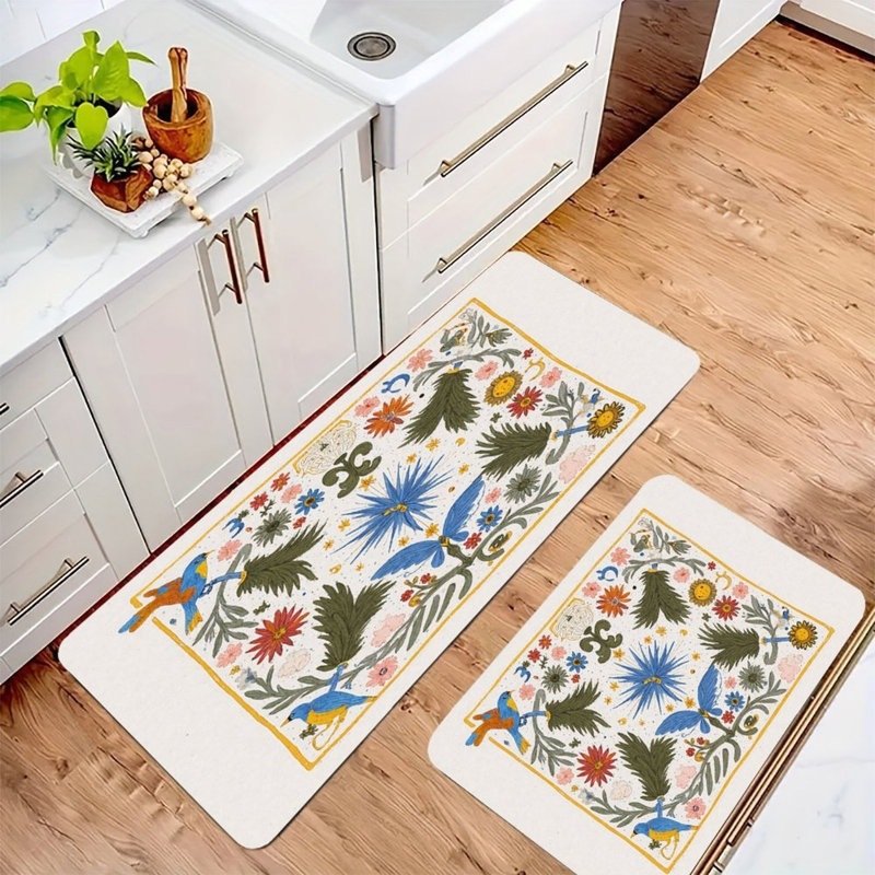 Ensemble de 2 tapis colorés pour oiseaux et fleurs, Floral rose / bleu