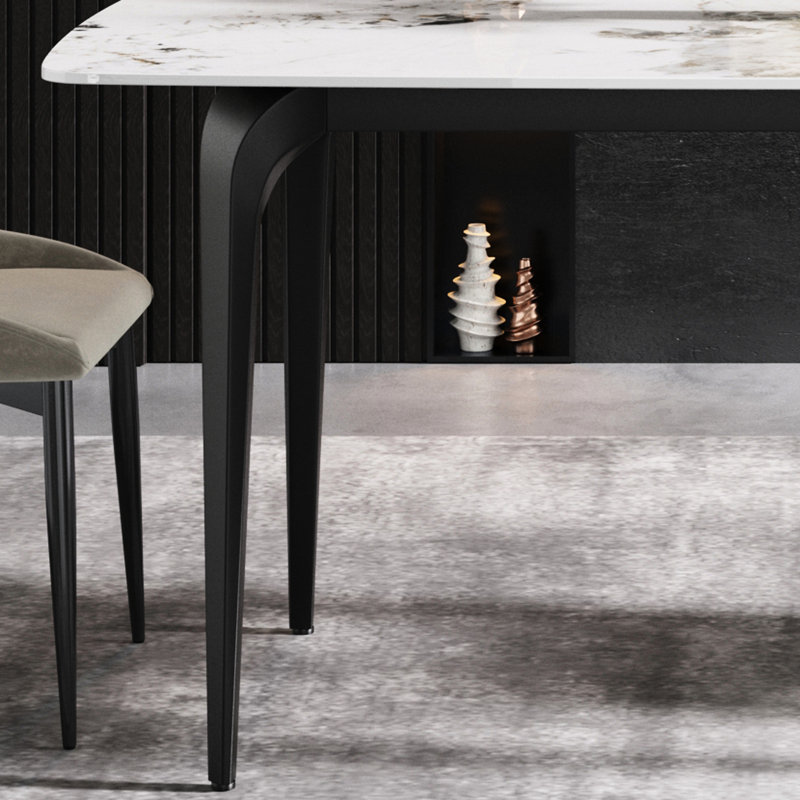 71.65" Rectangular Dining Table - White Sintered Stone With Strong Black Metal Legs, Seats 6-8 Secure Legs For