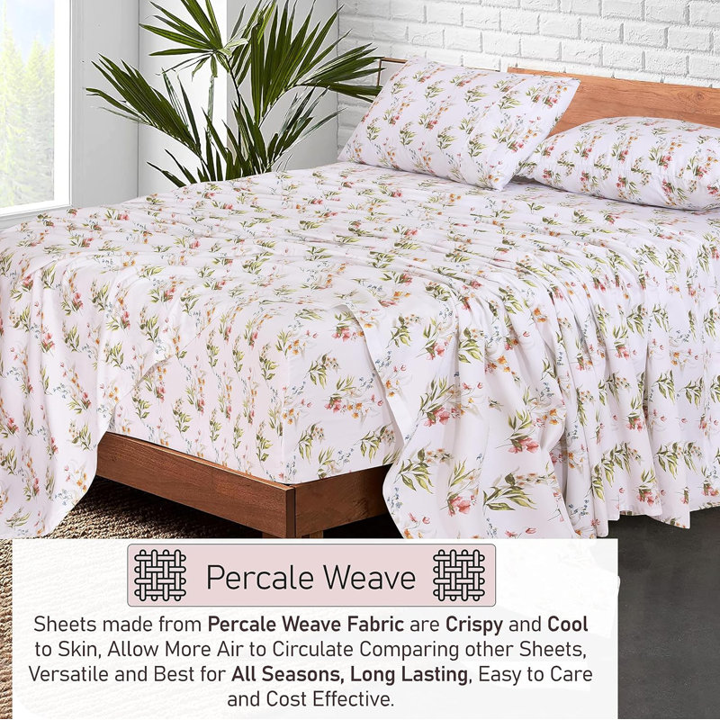 100% Cotton Sheets Sets Soft Crispy Percale Cooling Sheets 16 Inch Deep Pocket Bed Sheets, Floral Bliss