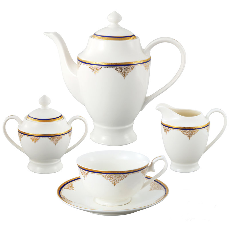 Elegant Round White and Gold Porcelain Dinnerware Set, Service for 8