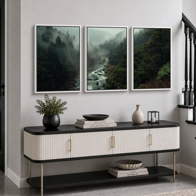 "Misty Forest Landscape", "Hazy Moody Dark Green River Nature", Tranquil Panoramic Modern Rustic Woodland Wall Art
