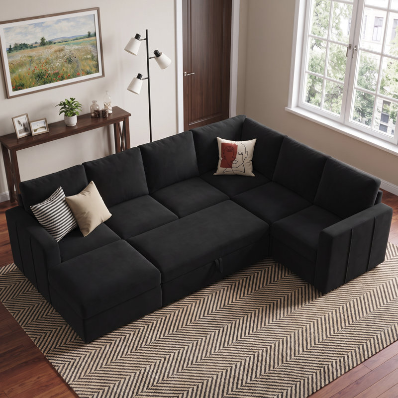 Canapé-lit modulaire coulissant avec repose-pieds Seybert, Velours noir