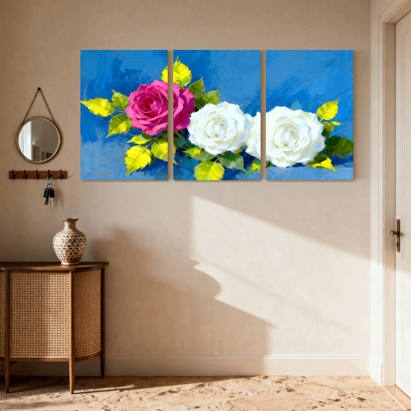 Rose sur fond bleu, ensemble de 3 reproductions d'art sur toile, H 30 po x l 60 po