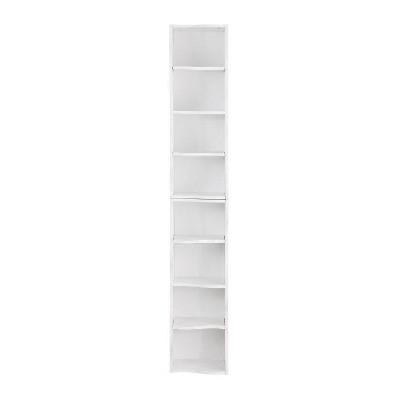 Bibliothèque ultra-mince à 8 tablettes réglables avec bordure ondulée, Blanc