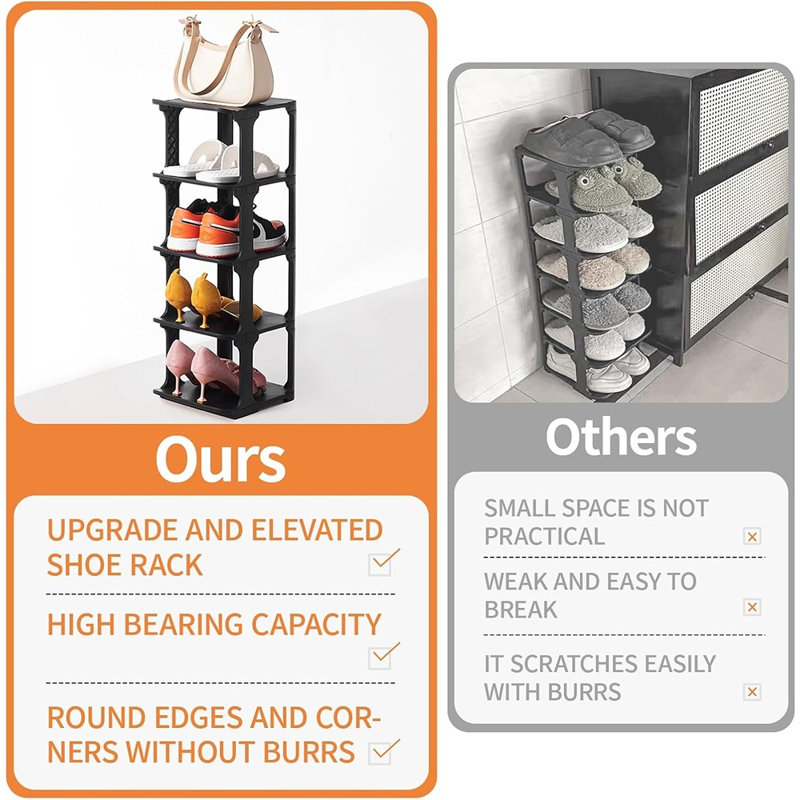 5 Tiers Shoe Rack Organizer For Closet Shoe Holder Storage Narrow Plastic Vertical, Free Standing Shoe Rack Shelf For Entryway Stackable Stability Diy, Black