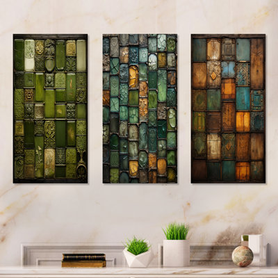 «Green Stones Tiles II», ensemble de 3 reproductions d'art mural