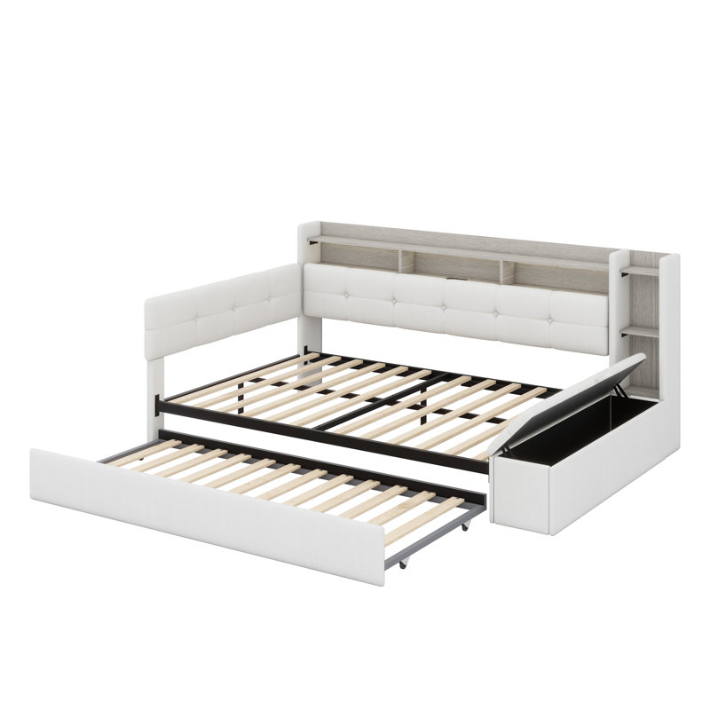 Upholstered Daybed with Storage Footstool, Shelves, Trundle, USB Charging & LED Light, Beige