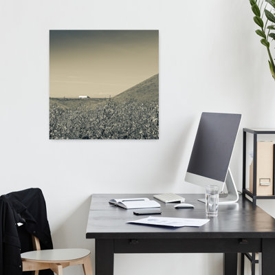 Amandiers avec semi-camion se déplaçant sur une autoroute en arrière-plan, Us Interstate 5, Californie, États-Unis, art contemporain contemporain, paysage mural