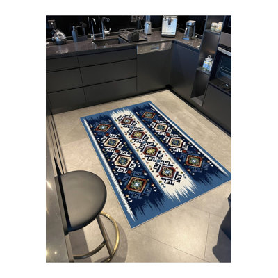 Tapis bleu lavable à rayures bleu