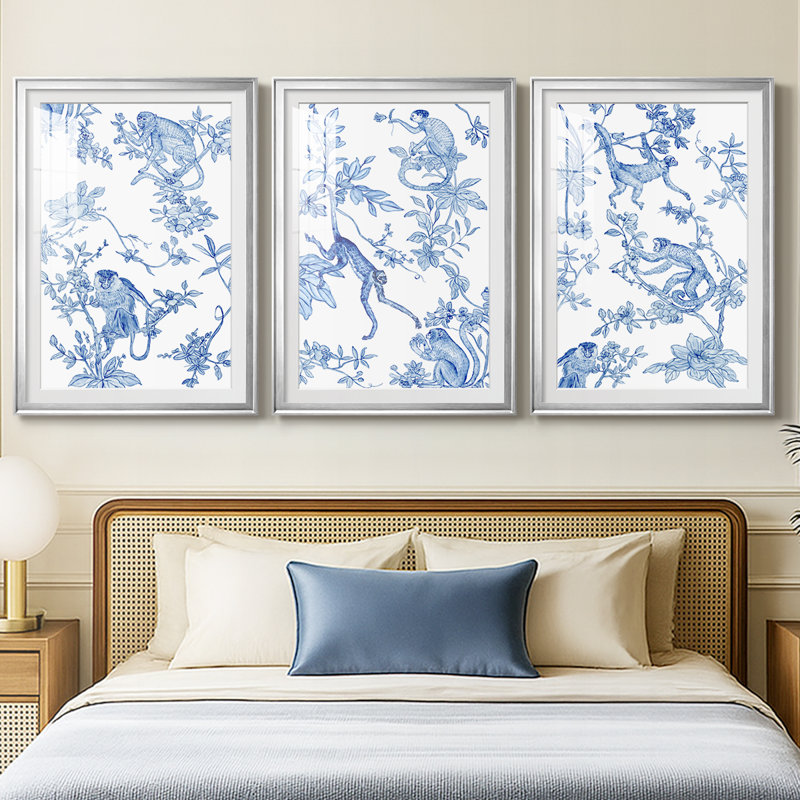 «Monkey Land II», reproduction encadrée sur mesure de qualité supérieure mate - 3 pièces, Argent argent, H 21 po x l 30 po
