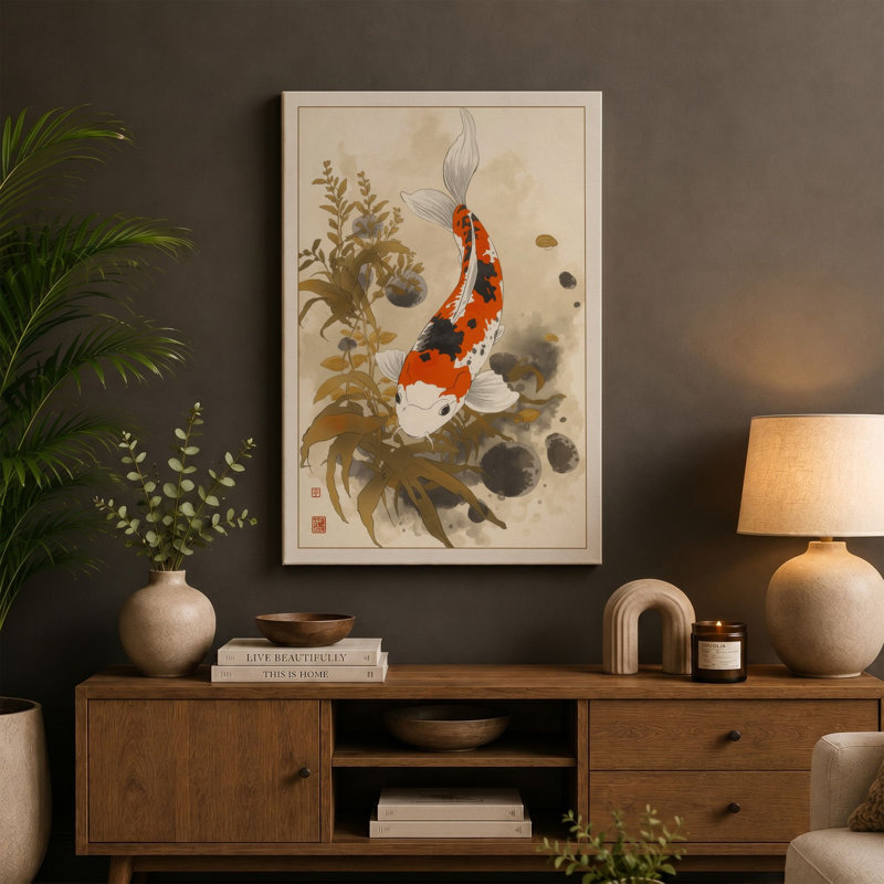 Koi in Motion Japandi - Wrapped Canvas, 36x24 - 91.4 x 61.0 cm, Black Border