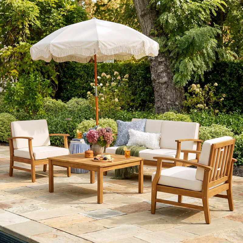 Theodore Acacia 4 - Person Patio Conversation Set with Cushions, 35''Wx35''Dx18''H, Cream