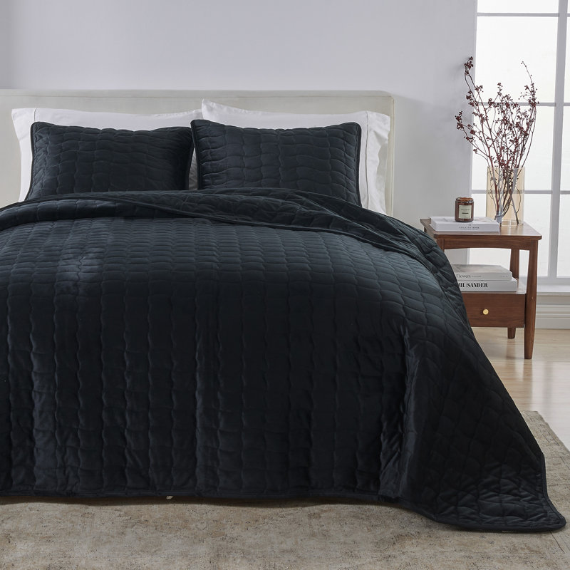 Ensemble de courtepointe en velours cousu, Courtepointe pour simple TG + 1 taie décorative s, Noir, noir, noir, noir