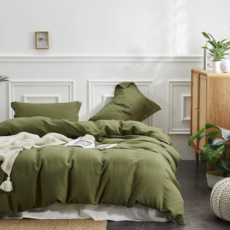 Ensemble de housse de couette 100% lin, Vert olive, Housse de couette double + 2 taies d'oreiller