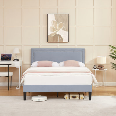 Full Size Light Grey Velvet Upholstered Platform Bed with Adjustable Headboard, Modern Bed Frame with Wood Slats, No Box Spring Needed