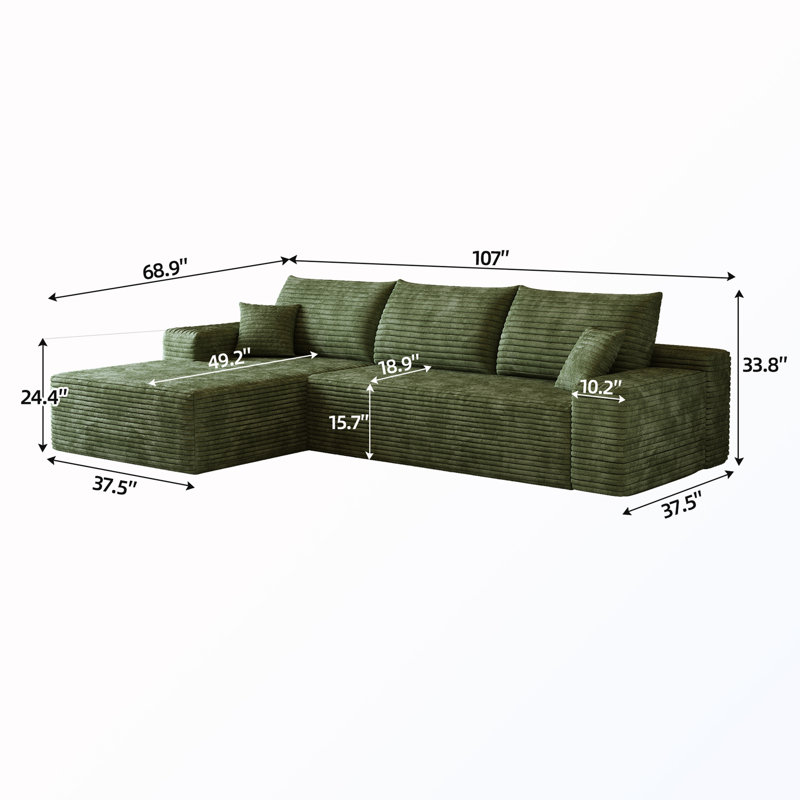 Canapé modulaire rembourré en L avec méridienne, Green Corduroy, 32.7" H x 107" W x 68.9" D