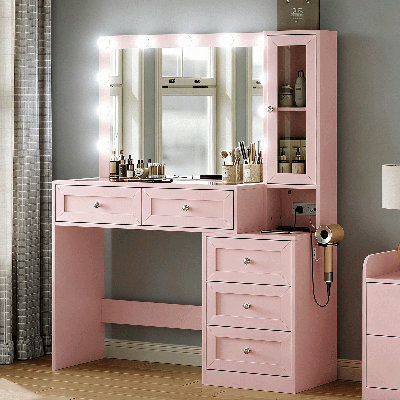 43" W Vanity Desk with Mirror & 11 Lights,Modern Makeup Desk with 5 Drawers,3 Lighting Modes Brightness Adjustable,Power Outlet,Dressing Room Table