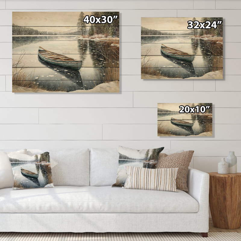 Marisela, scène d'hiver avec canot IV - impression sur bois sans cadre, H 30 po x l 40 po x P 1,5 po