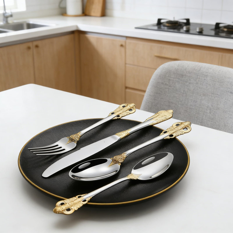 Ensemble de couverts de luxe 30 pièces, couverts en acier inoxydable royal avec accents dorés, vaisselle pour 6, Doré