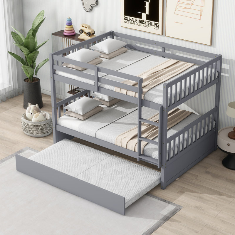 Sotion Kids Bunk Bed with Trundle, Gray, Full Over Full
