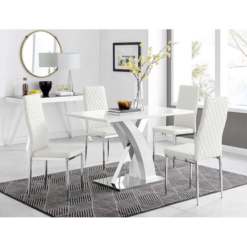 Edzard Chrome & White High Gloss Dining Table Set with 4 Luxury Faux Leather Dining Chairs, White/Silver