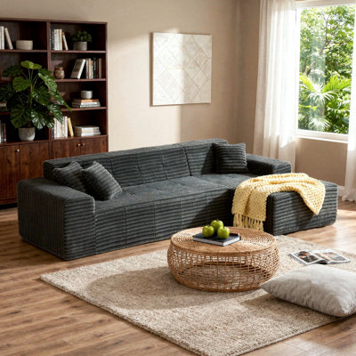 Upholstered 2-Piece Gray Faux Rabbit Fur Flannel Sofa With Pillows – All Foam Compressed And No-Assembly Modular Design