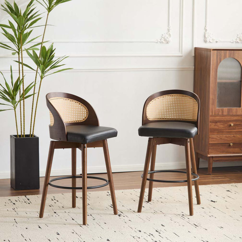 Wood Frame Upholstered Swivel Barstool, Black