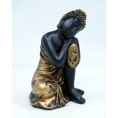Thinking Buddha resinStatue Distressed Black & Gold