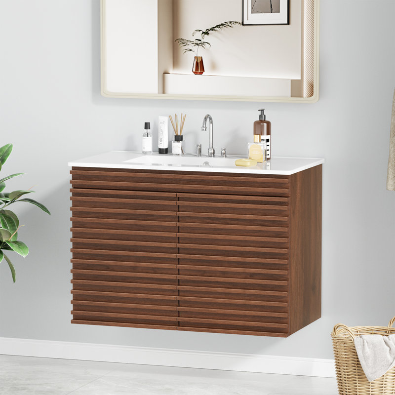 Wall-mount Walnut  Bathroom Vanity With Sink, 36"
