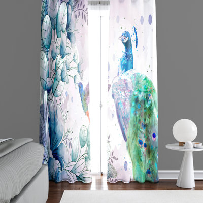 Paire de rideaux semi-transparents avec motif aquarelle paon et colibri