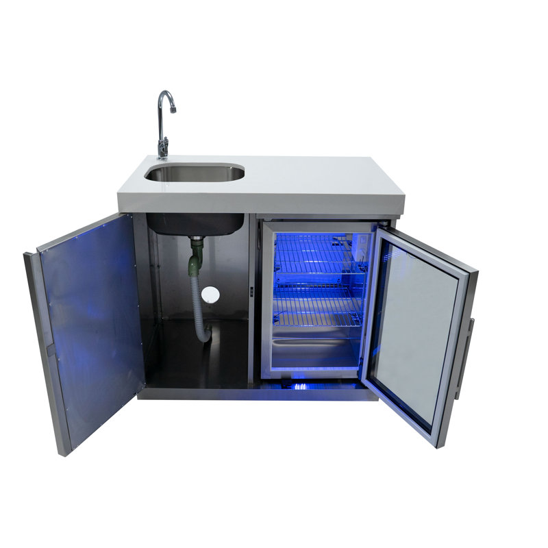 Mont Alpi MASF-SS Stainless Steel Beverage Center Cabinet Module + 2.7 Cubic Feet Wine Cooler Outdoor Rated Temperature Adjustable Compact Lockable Refrigerator + Faucet & Sink