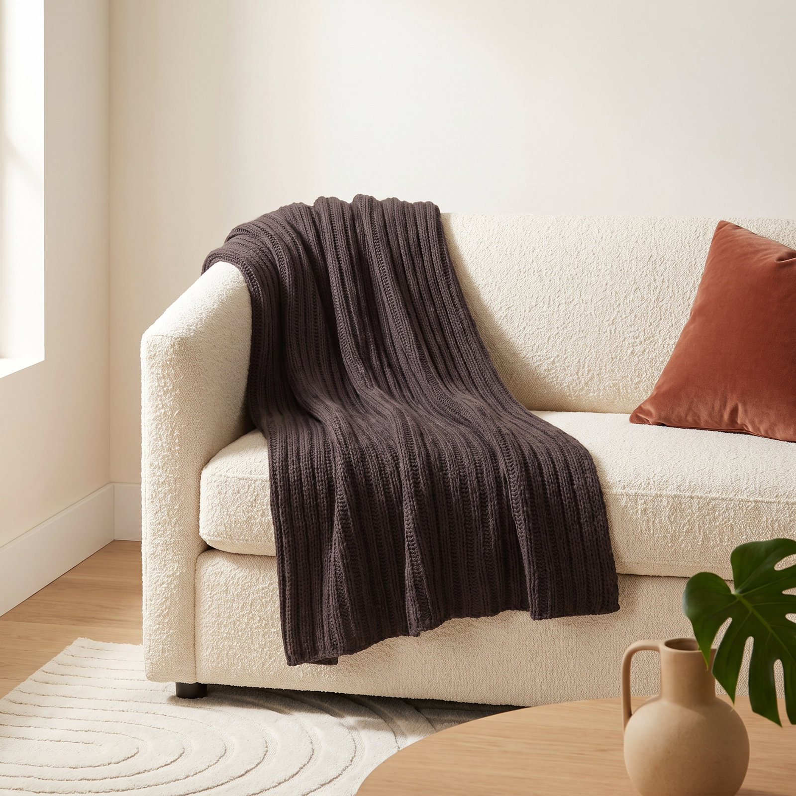 Cotton Knitted Throw Blanket, Charcoal Gray