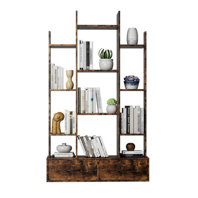 12-shelf Rustic Brown Bookcase With 2 Drawers, Industrial Style Unit For Bedroom, Living Room, Home Office Organization And Decoration Drawers 12 Shelves, Freestanding