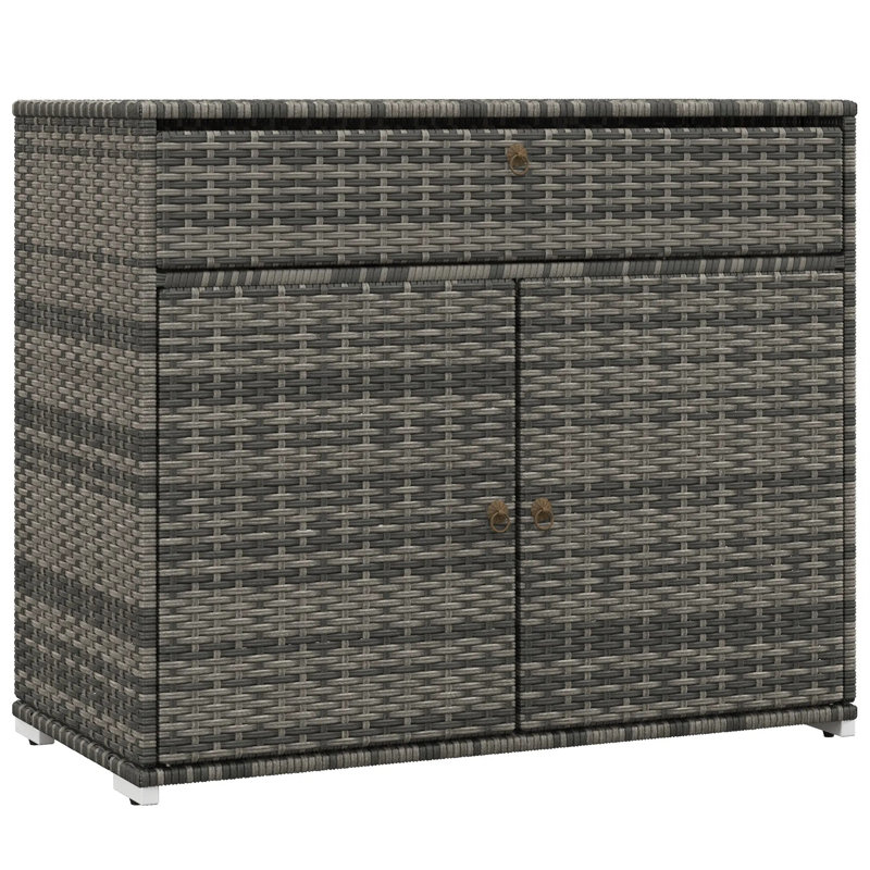 Pool Area Organizer Cabinet, Waterproof Pe Wicker Storage With Drawer & Double Doors, Gray Outdoor Swimming Gear Cabinet For Towels & Accessories