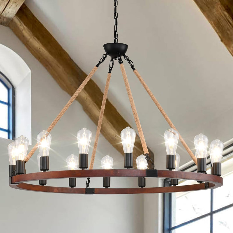 Lustre rustique en bois à roulettes - Luminaire rond de style campagnard pour salon, salle à manger, haut plafond avec chaîne réglable, certifié UL